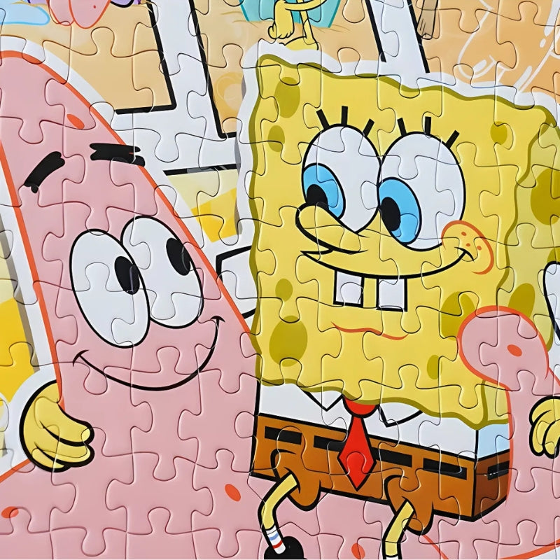 Close-up of completed puzzle piece showing SpongeBob hugging Patrick.