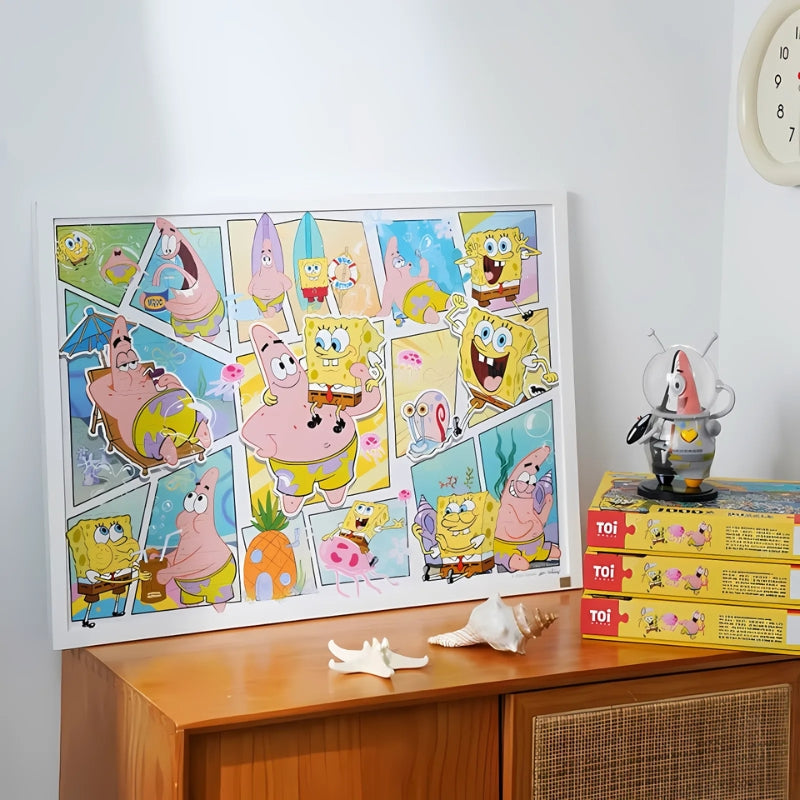 Framed puzzle display of SpongeBob and Patrick’s joyful collage moments.