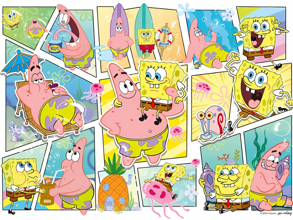 Full illustration showing SpongeBob and Patrick’s fun adventures in a comic-style layout.