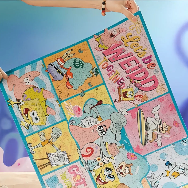 A hand holding up the completed SpongeBob Joyful puzzle, showing its bold colours and playful energy.