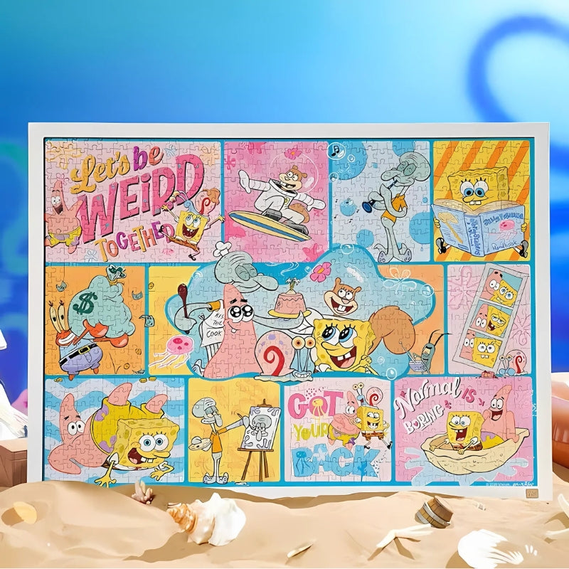 Completed puzzle framed in white, showing colourful blocks with different SpongeBob characters and funny expressions.