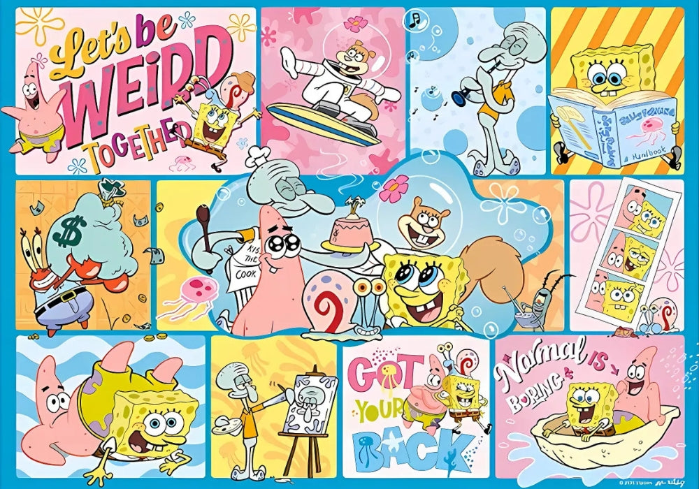 Full illustration of the completed SpongeBob Joyful puzzle with vibrant scenes and fun quotes like "Let's be weird together".