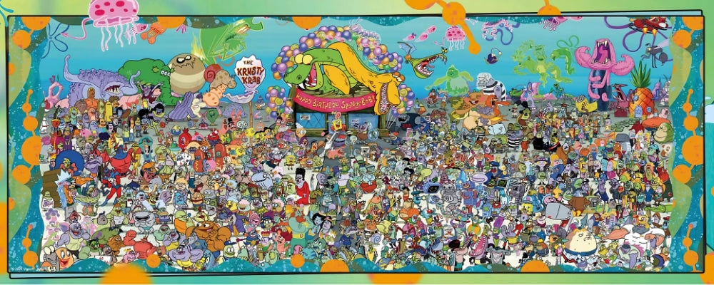 Completed puzzle image showing a colourful SpongeBob crowd scene underwater