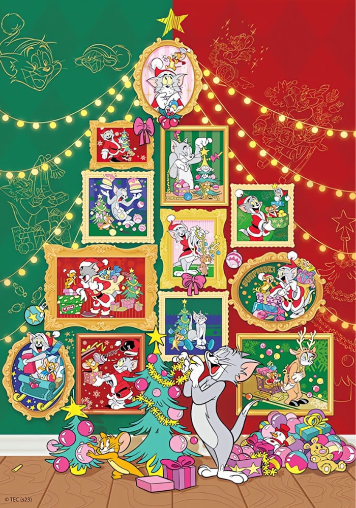 Full illustration from Tom and Jerry Christmas Memoirs puzzle with decorative lights and framed scenes.