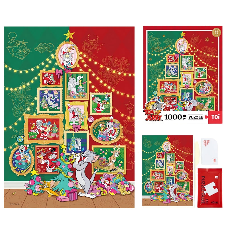 Flat lay showing Christmas Memoirs puzzle, packaging, glue, and completed festive illustration.