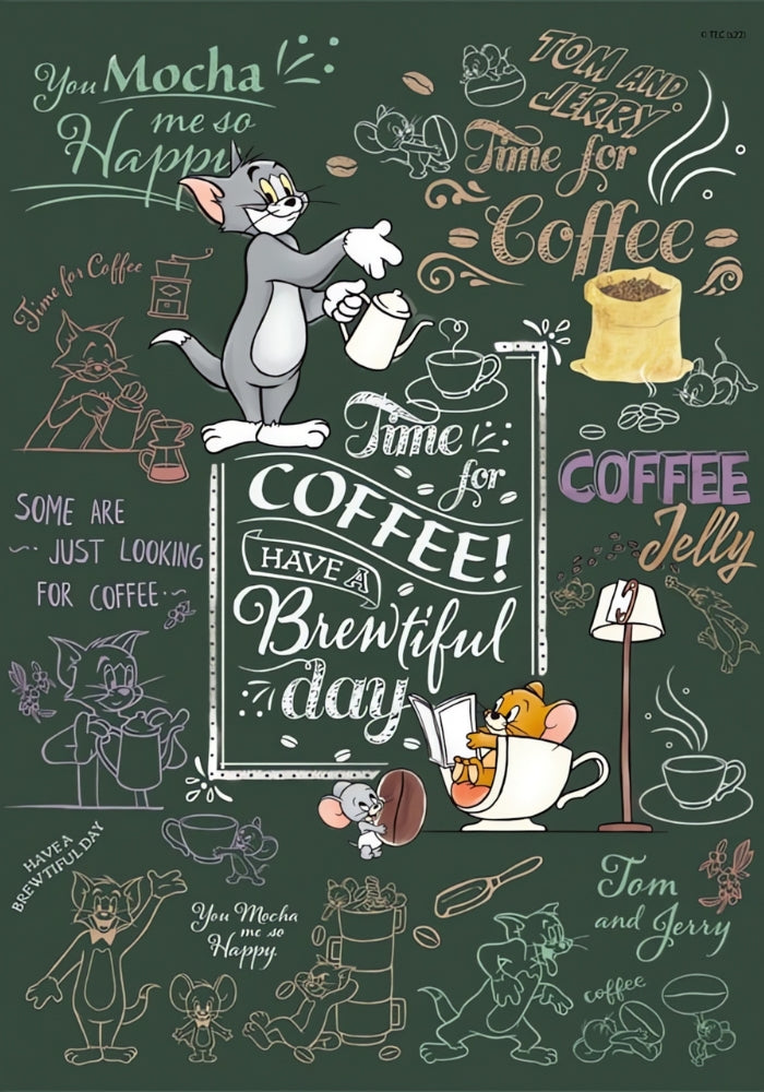 Coffee Time puzzle artwork with Tom and Jerry and chalkboard illustrations featuring coffee quotes.