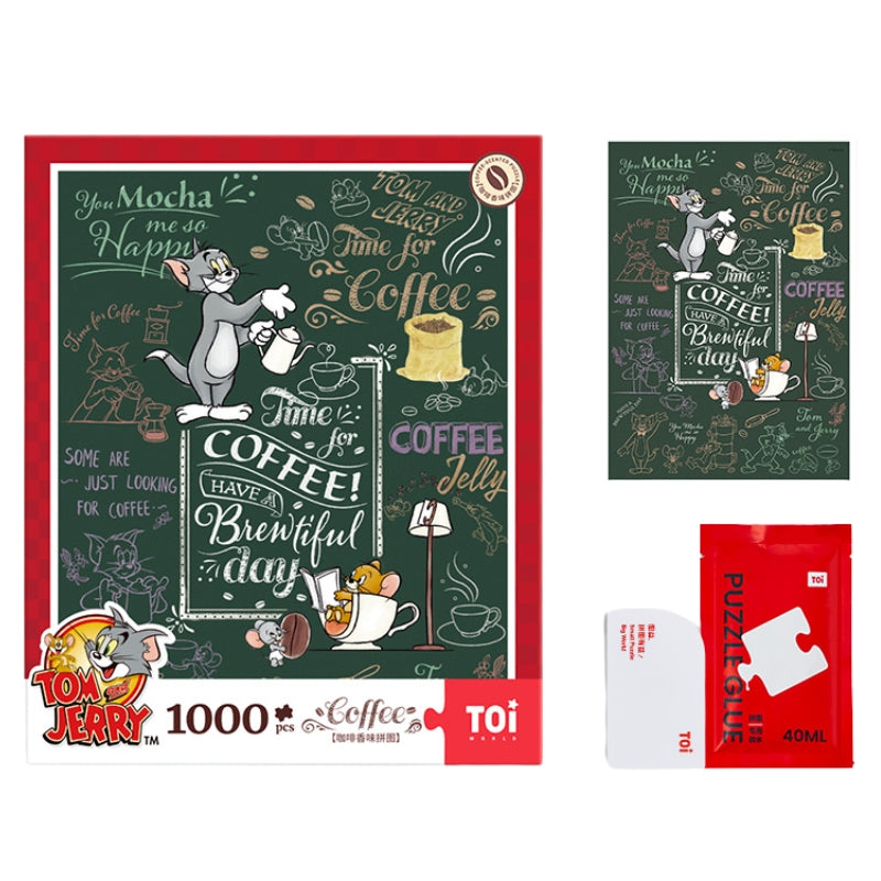 Puzzle set showing Coffee Time puzzle, red TOI box, glue, and completed image.