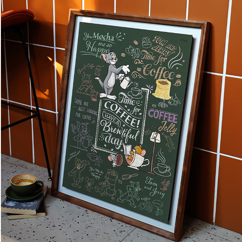 Framed Coffee Time puzzle leaning against a tiled wall, styled as coffee-themed decor.