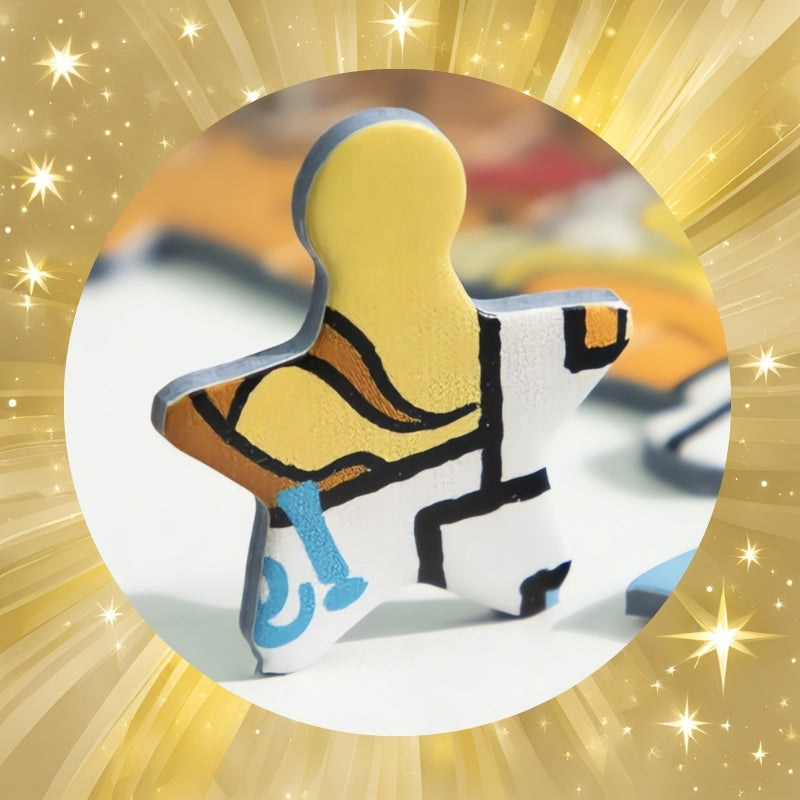 Close-up of a star-shaped puzzle piece from the Our Memories puzzle with comic-style print.