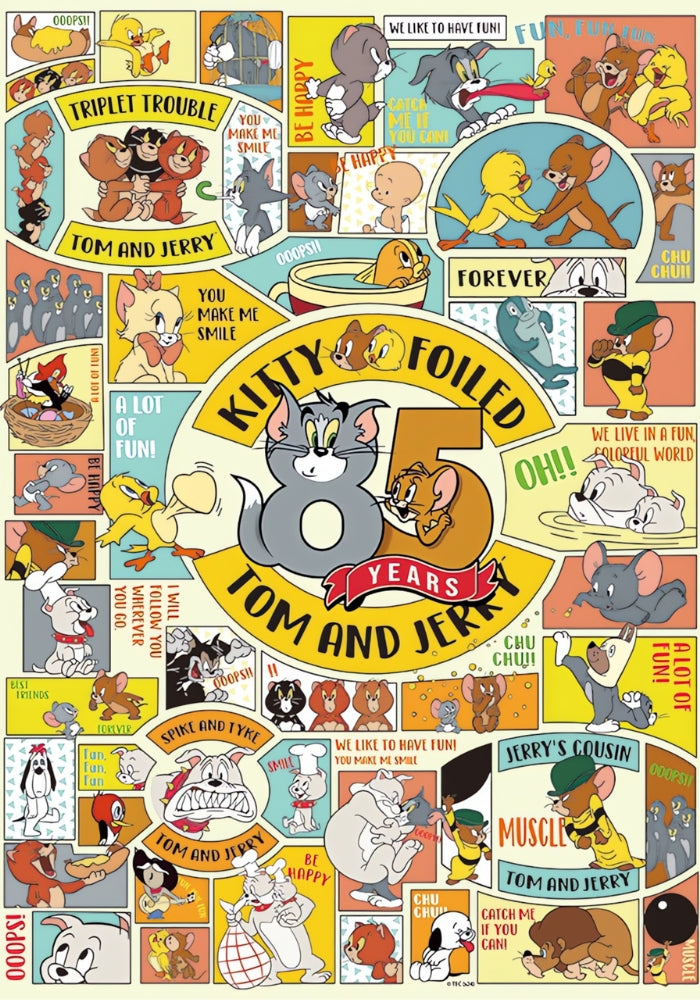 Full illustration of Tom and Jerry Our Memories puzzle celebrating 75 years with vibrant artwork.