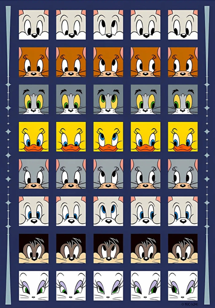 Completed puzzle image showing Tom, Jerry, Tweety and other characters staring from a bold, colourful grid.