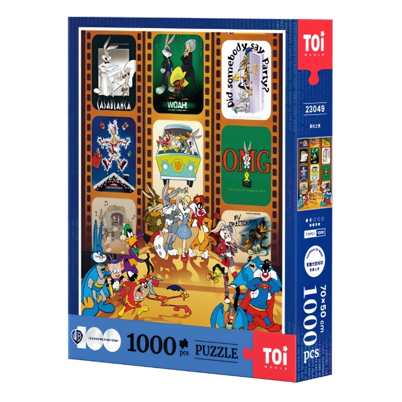 Tom and Jerry Series Starlit Night 1000-piece puzzle box by TOI, featuring classic cartoon scenes in a filmstrip design.