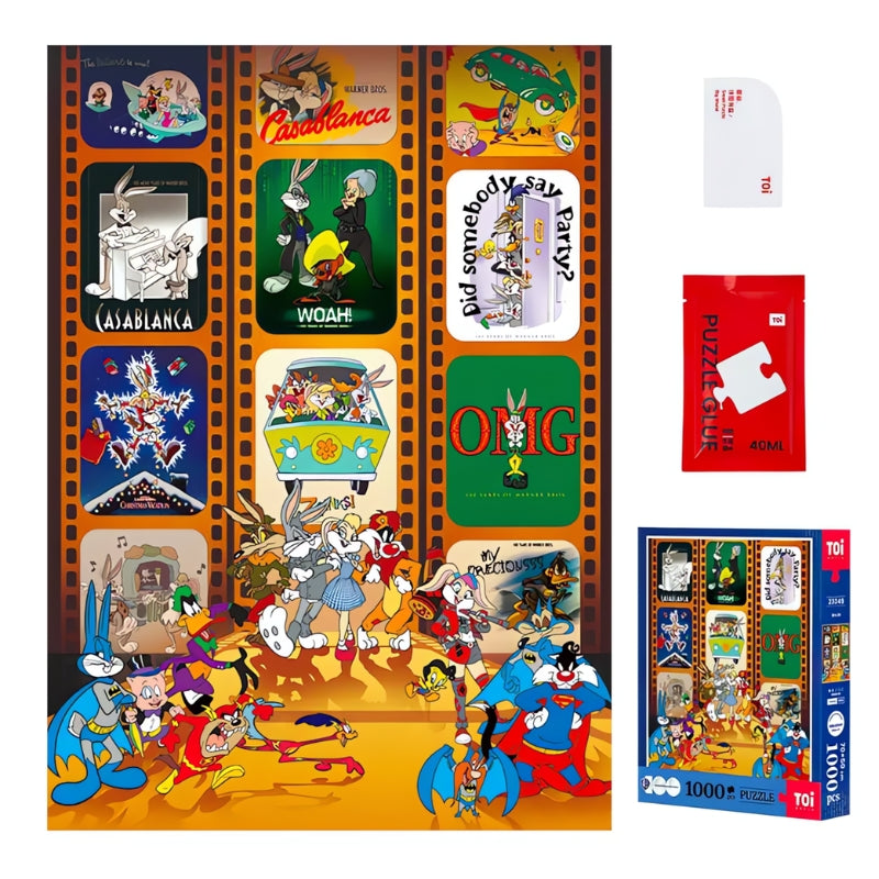 Full contents of the Starlit Night puzzle set including the completed 1000-piece puzzle, glue packet, and TOI packaging.