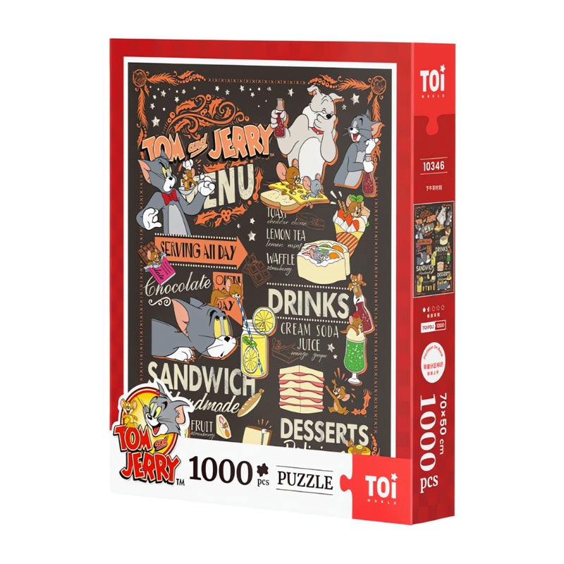 Tom and Jerry Tea Time 1000-piece puzzle box by TOI featuring a chalkboard-style menu design with snacks and drinks.