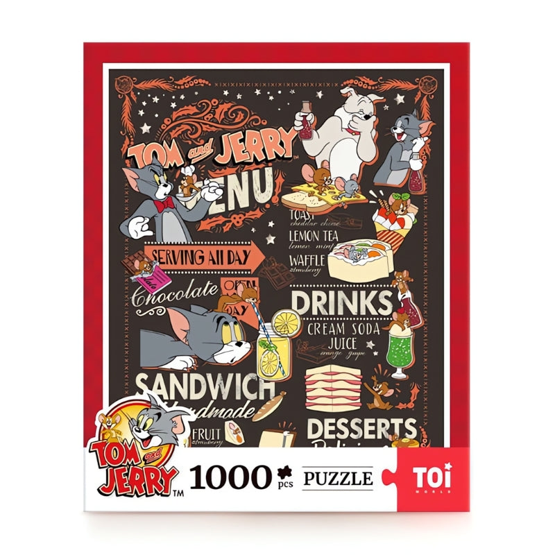 Full Tea Time puzzle artwork showing Tom, Jerry, and food illustrations in a vintage café menu layout.