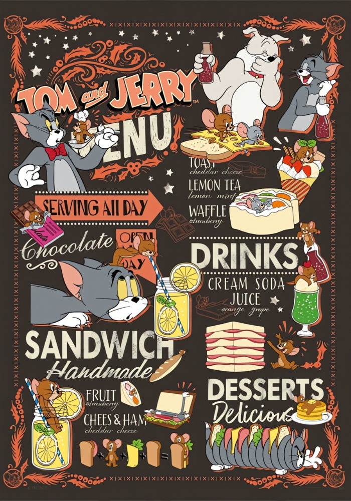 Close-up of the Tea Time puzzle showing playful food items and chalk lettering with Tom and Jerry.