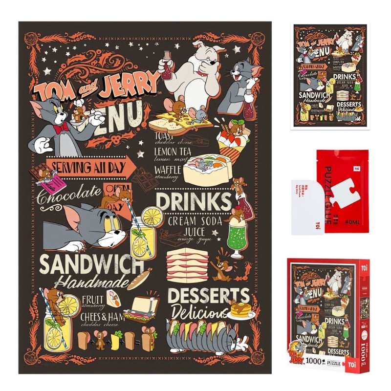 Tea Time puzzle set flat lay with completed puzzle, red TOI box, and glue packet.