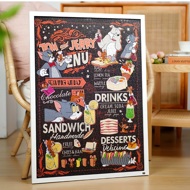 Completed Tea Time puzzle framed and displayed beside a chair and wooden table.
