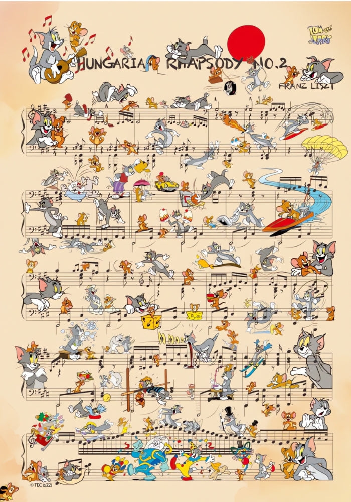 Full illustration of the puzzle with Tom and Jerry performing antics across sheet music bars.