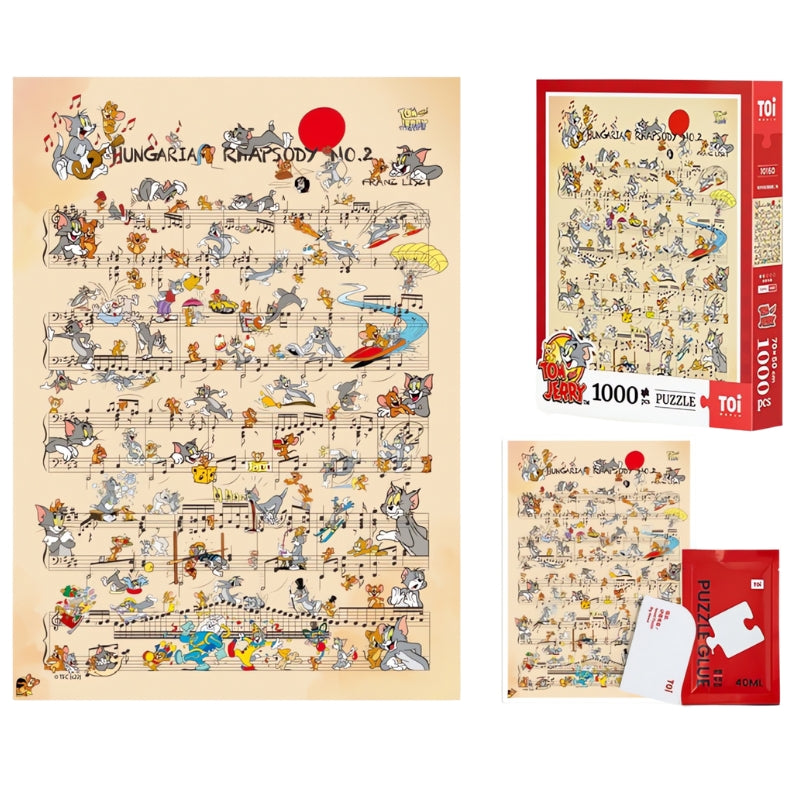 Tom and Jerry Hungarian Rhapsody No. 2 puzzle set flat lay with completed puzzle, red TOI box, and glue packet.