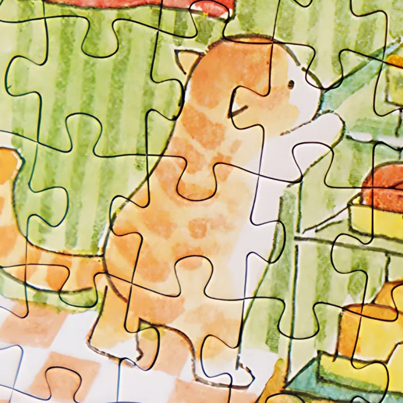 Close-up of puzzle pieces showing a cat standing near the bread counter.
