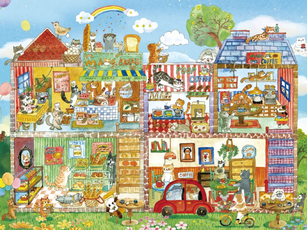 Full artwork of the Café Paws & Whiskers puzzle showing adorable cats baking, brewing, and dining.