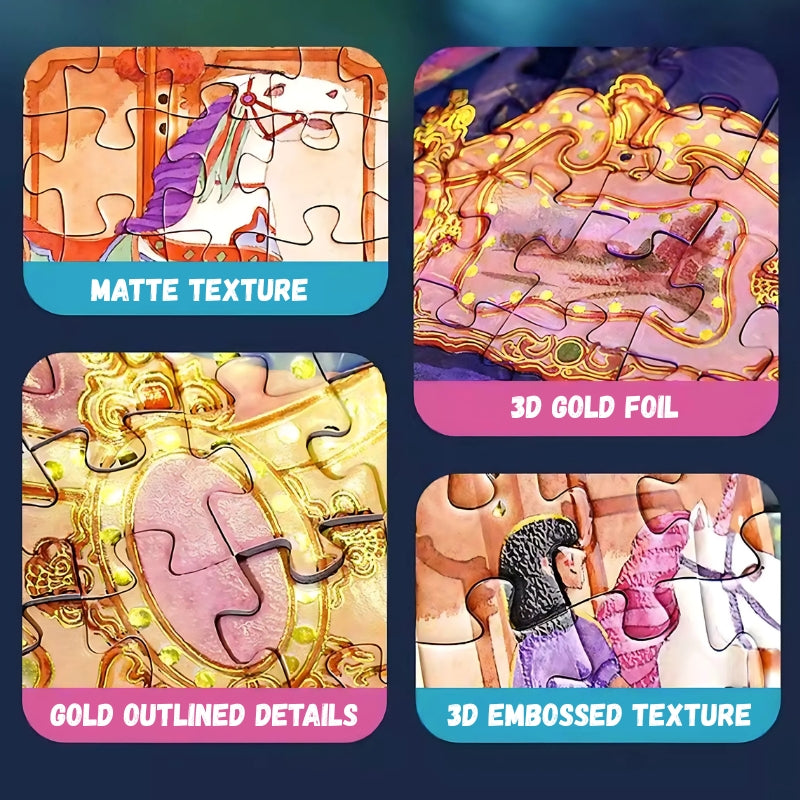Visual breakdown of puzzle textures including matte, 3D embossed areas, gold foil and gold outlines.