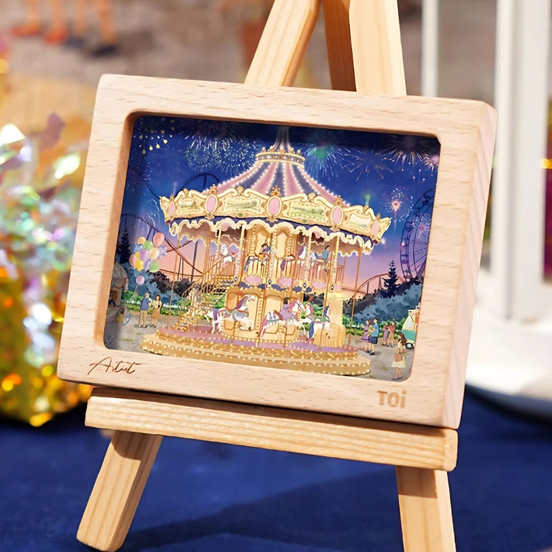 Completed Starlit Carousel puzzle displayed in a mini wooden easel frame.