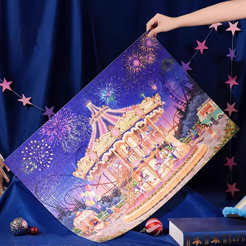 A person holding up the finished Starlit Carousel puzzle against a starry-themed background.