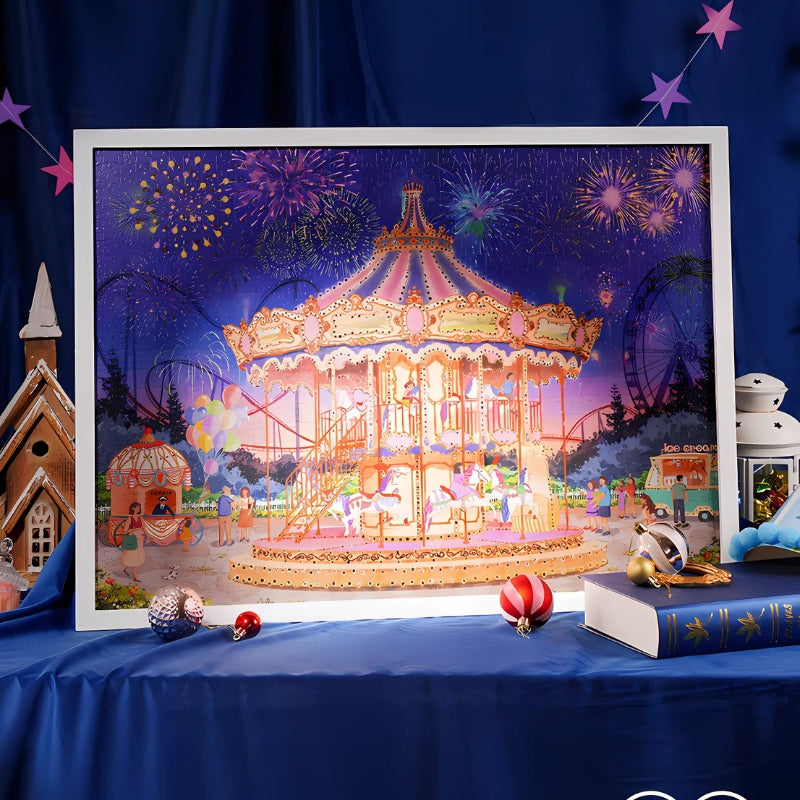 Framed Starlit Carousel puzzle on a decorative table with Christmas ornaments.