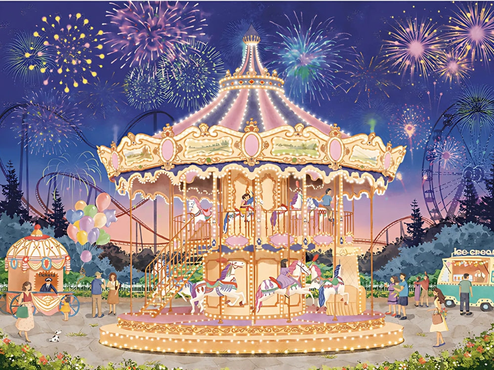 Full artwork of Starlit Carousel puzzle showing a double-decker carousel at night with fireworks and fairground scenes.