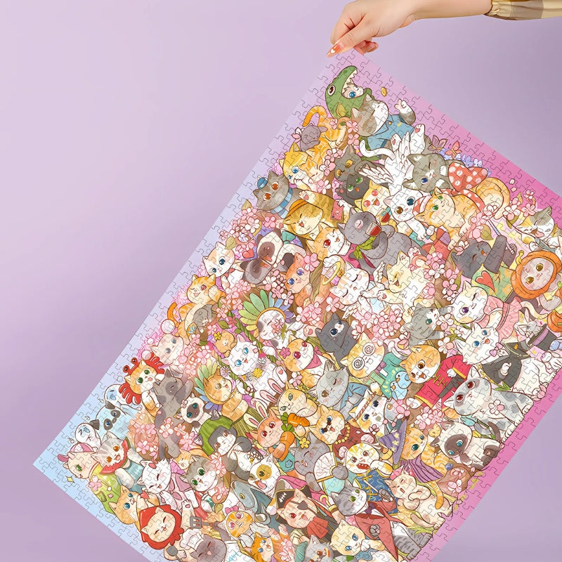 Hand holding up the completed Whisker Wonderland puzzle against a pastel purple background.