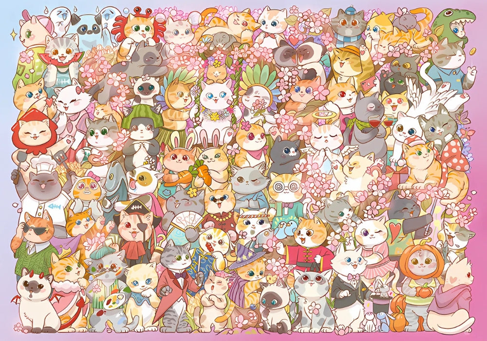 Completed puzzle image showing a vibrant collage of cats dressed in playful outfits among cherry blossoms.