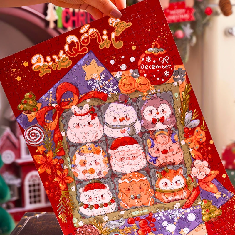 Hand holding the completed Christmas Cute Gift Box jigsaw puzzle with vivid Christmas-themed illustration.