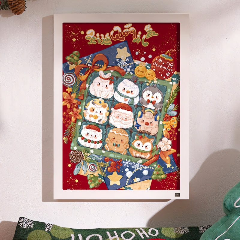 Framed Christmas Cute Gift Box puzzle artwork hung on a white wall with festive decor nearby.