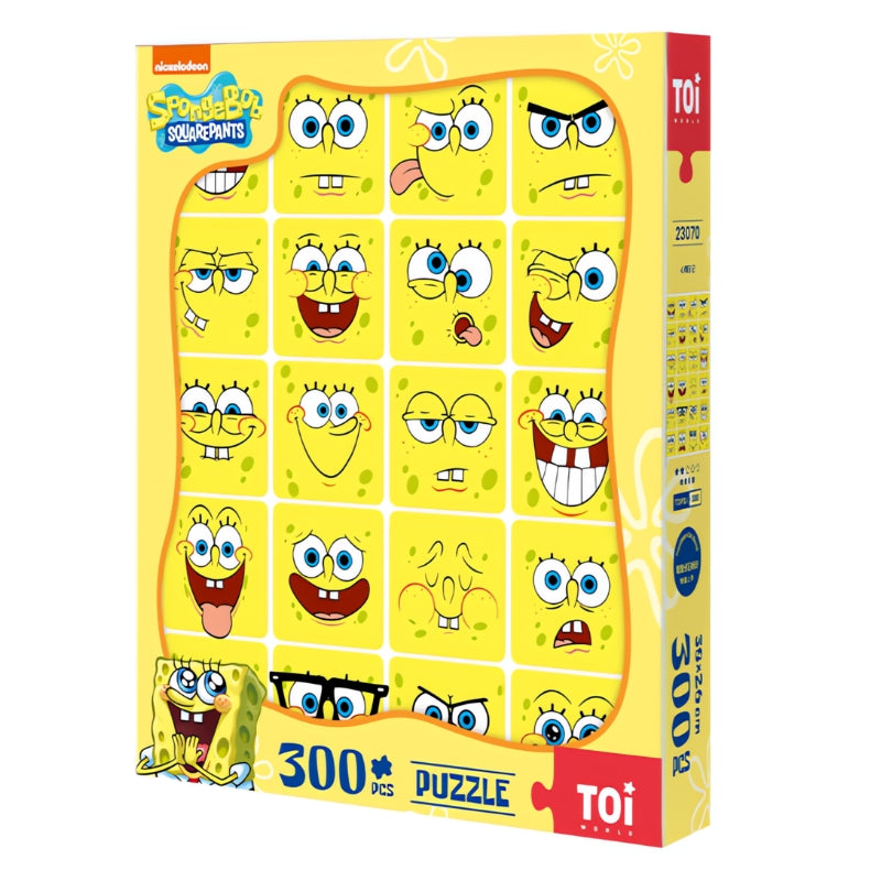 TOI SpongeBob Mood Diary 300 piece puzzle box featuring multiple expressive SpongeBob SquarePants faces