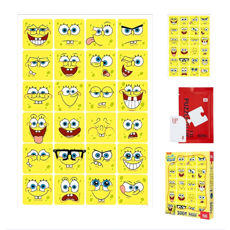 SpongeBob Mood Diary puzzle set with guide sheet, glue, and box showing all SpongeBob expressions