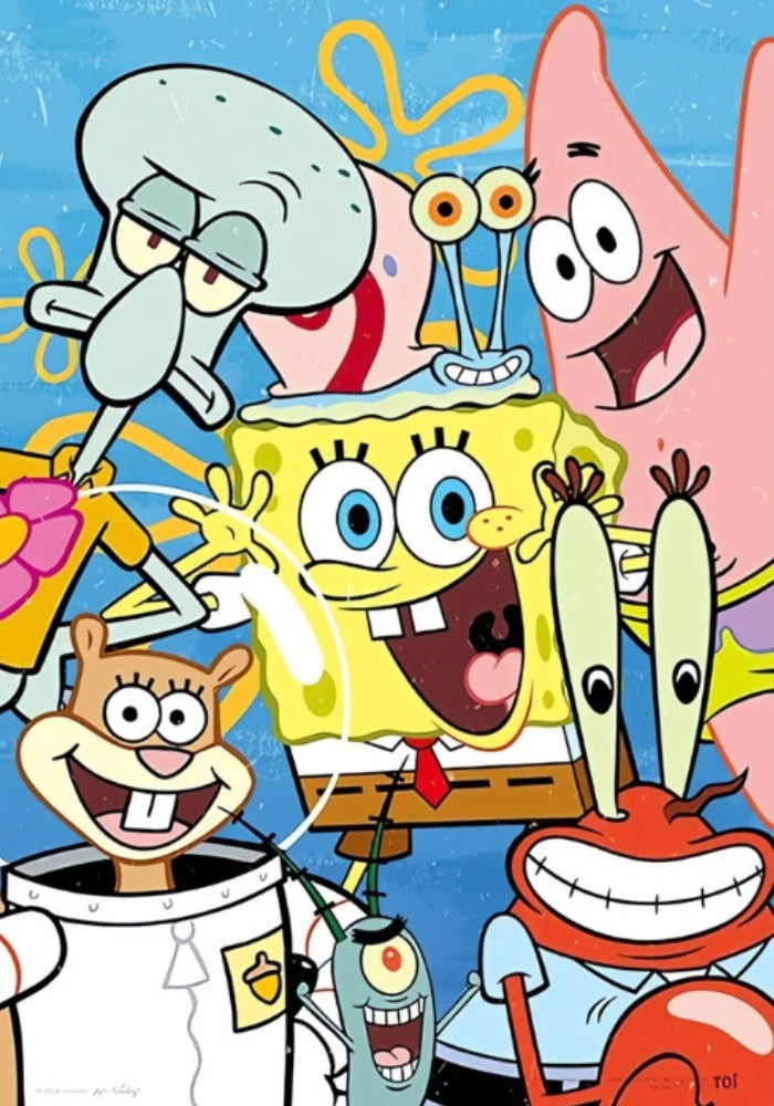 Close-up of the complete puzzle image showing SpongeBob and friends posing for a cheerful group picture.