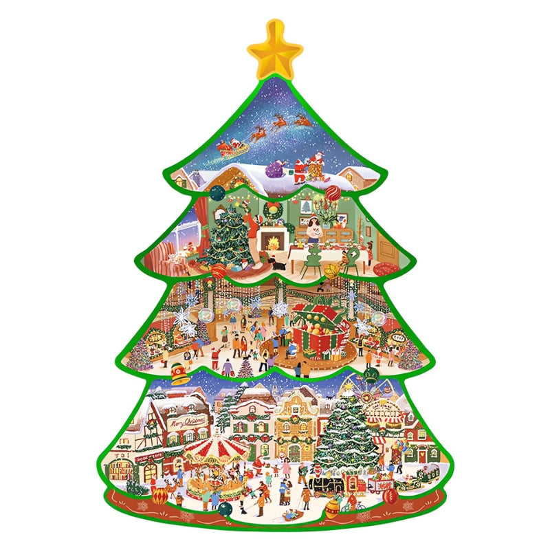 Isolated view of completed Christmas Town puzzle shaped like a Christmas tree.