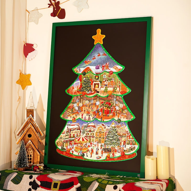Framed Christmas Town puzzle displayed as festive home decor with candles and ornaments.