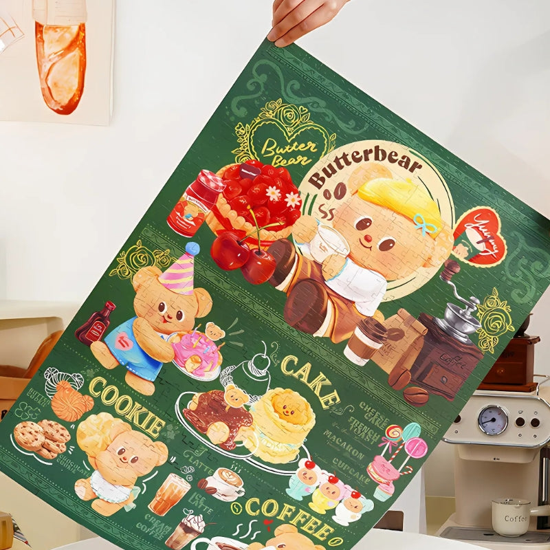 Butterbear puzzle held up, revealing a finished puzzle full of coffee, cakes, and cuteness.