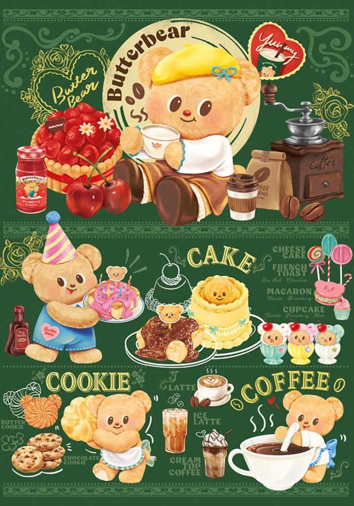 Full puzzle artwork showing Butterbear in a café setting surrounded by cakes, cookies, coffee, and pastries.