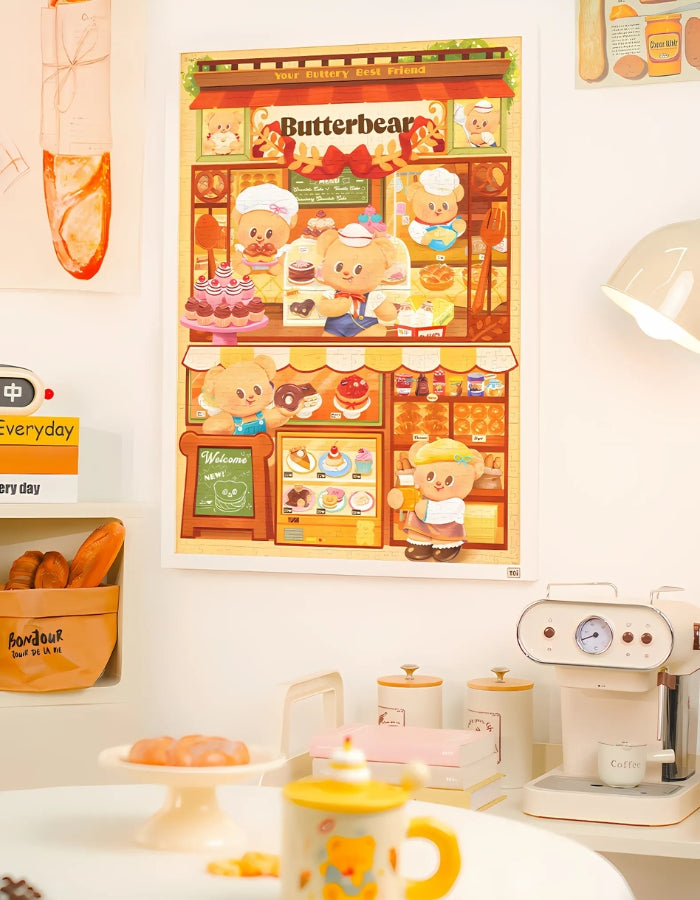 Butterbear – Dessert Paradise puzzle displayed in a cosy kitchen setting, framed and hung on the wall.