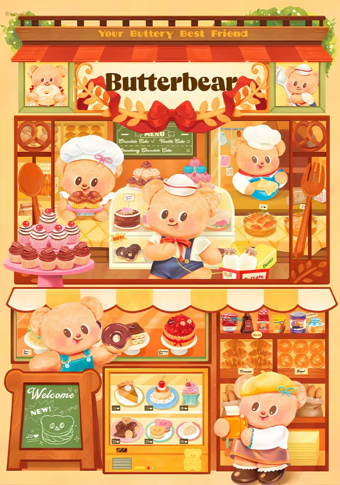 Official artwork of Butterbear – Dessert Paradise showing all the charming bakery bears and their sweet goods