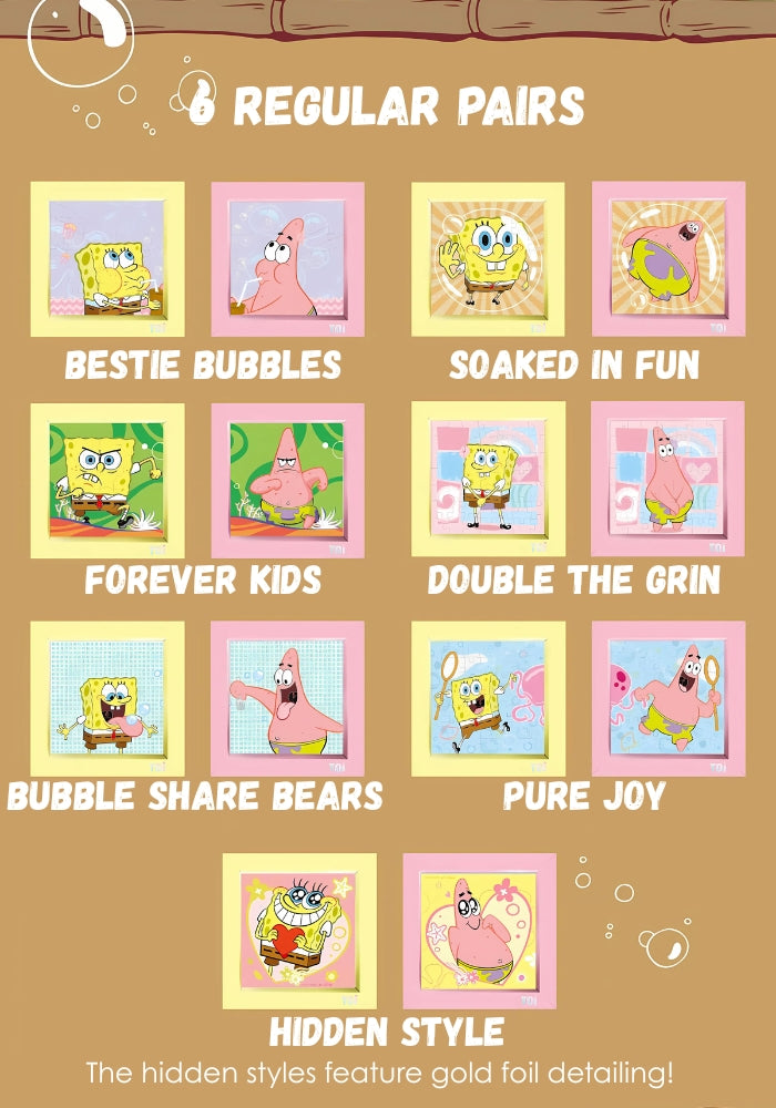 Close-up display of the six regular puzzle pairs from the SpongeBob Surprise Box with Frame set.