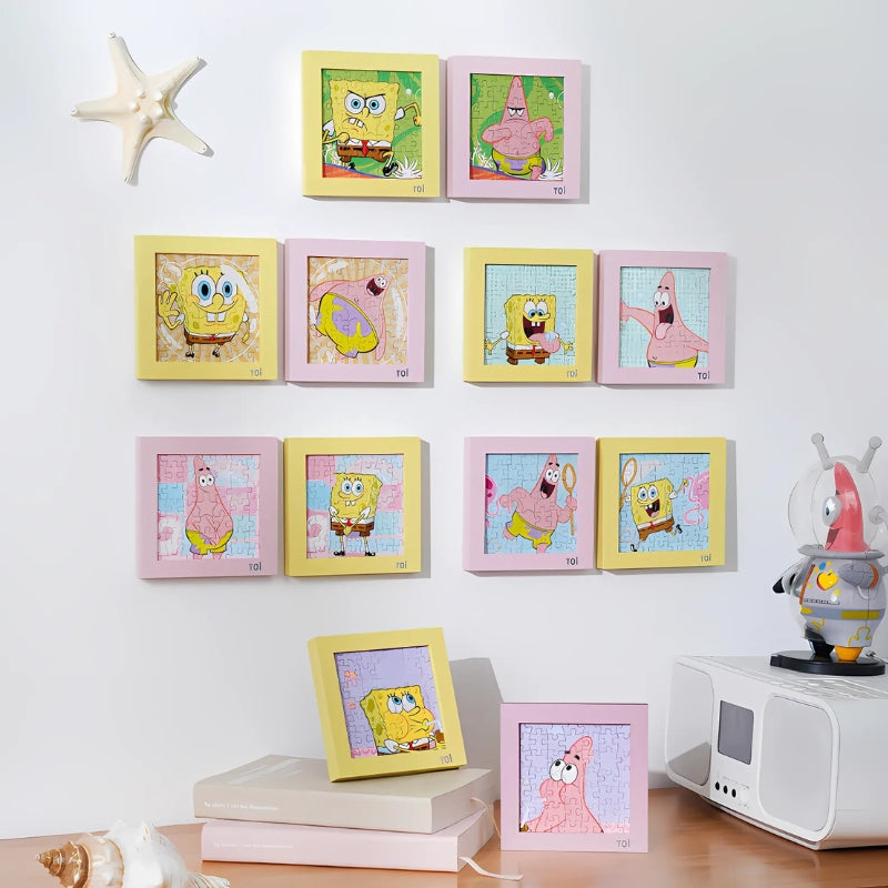 All 12 SpongeBob mini puzzles arranged on a wall with colourful frames, showing the full regular and hidden set.