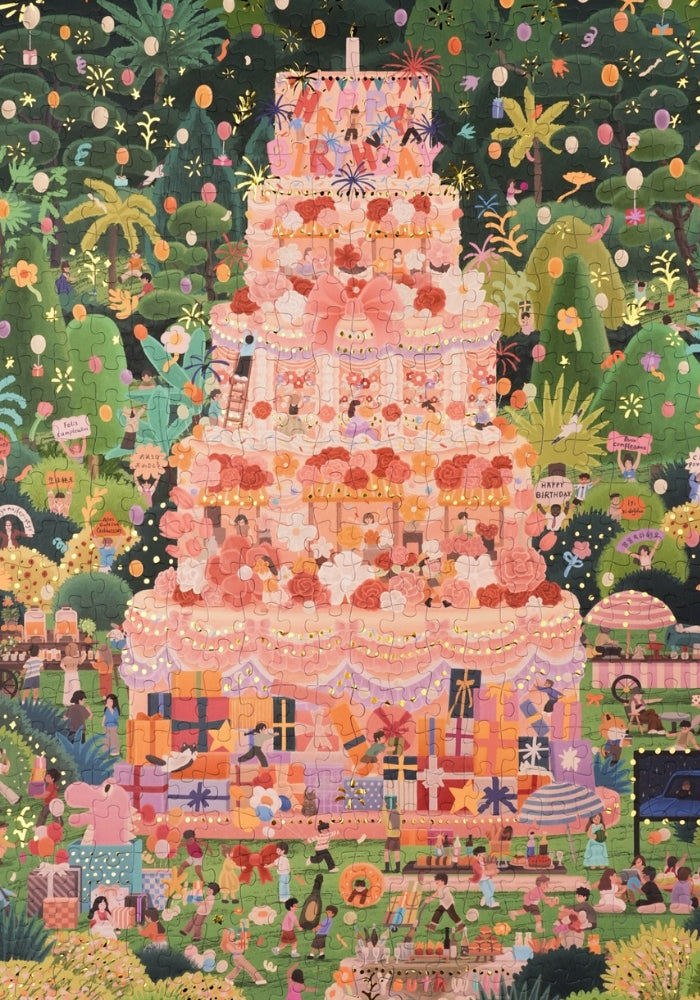 Completed Birthday Party puzzle showing a giant cake surrounded by party scenes.