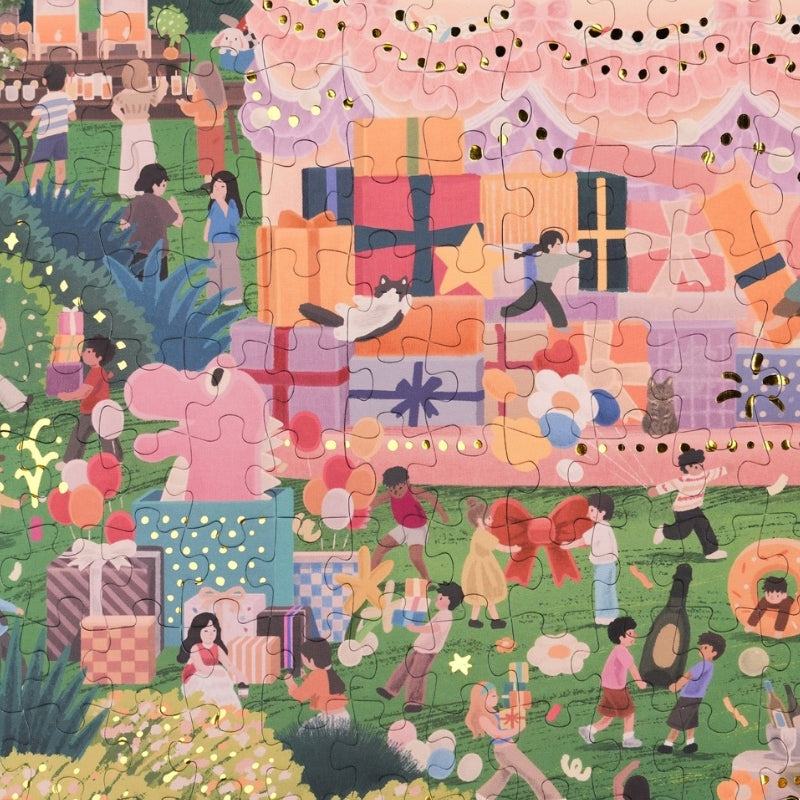 Close-up of puzzle section showing children playing near birthday presents.