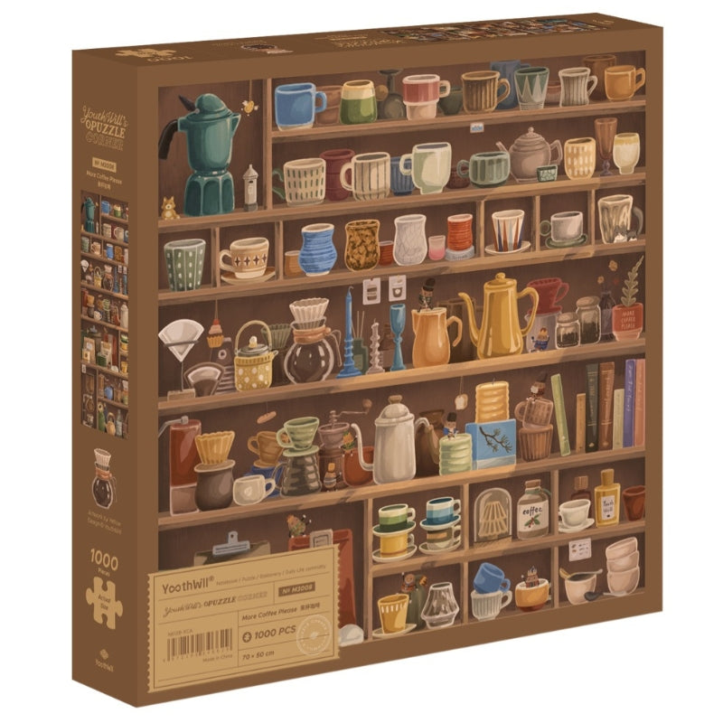 Product box of Youthwill More Coffee Please 1000 piece jigsaw puzzle featuring coffee mugs and brewing tools.