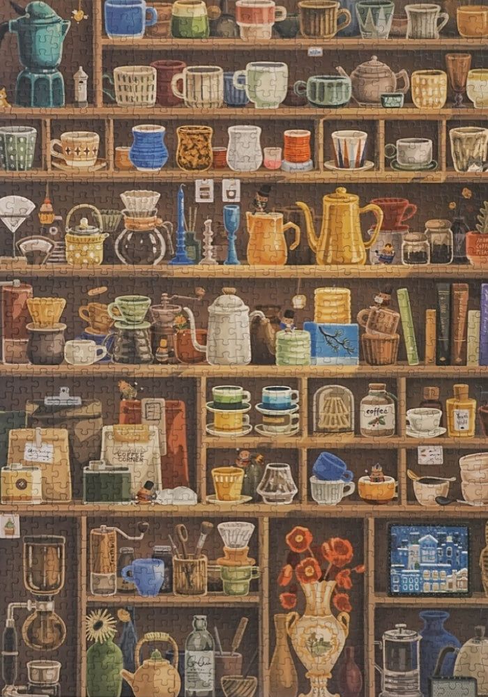 Completed puzzle displaying shelves filled with mugs, kettles, and coffee equipment.